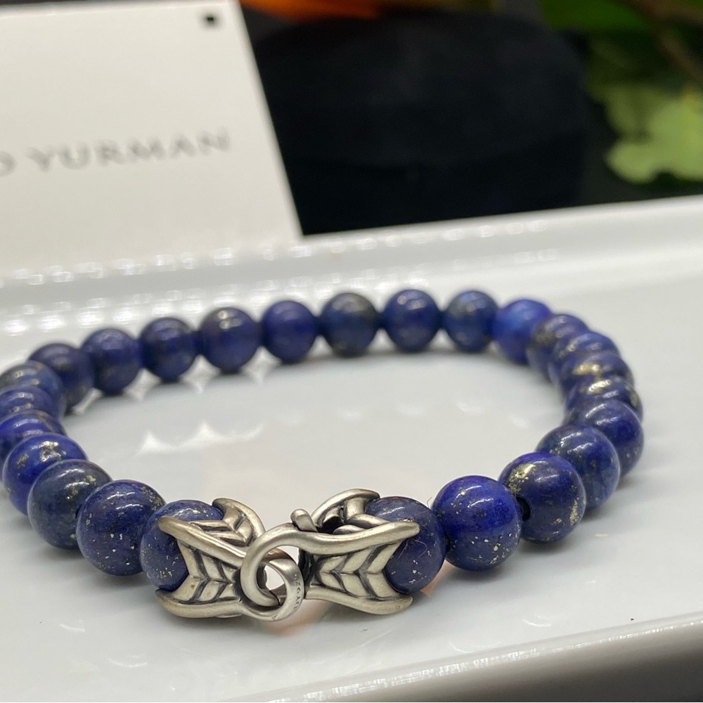 David Yurman 925 Sterling Silver 8mm lapis lazuli Beads  matrix bracelet 8.5”